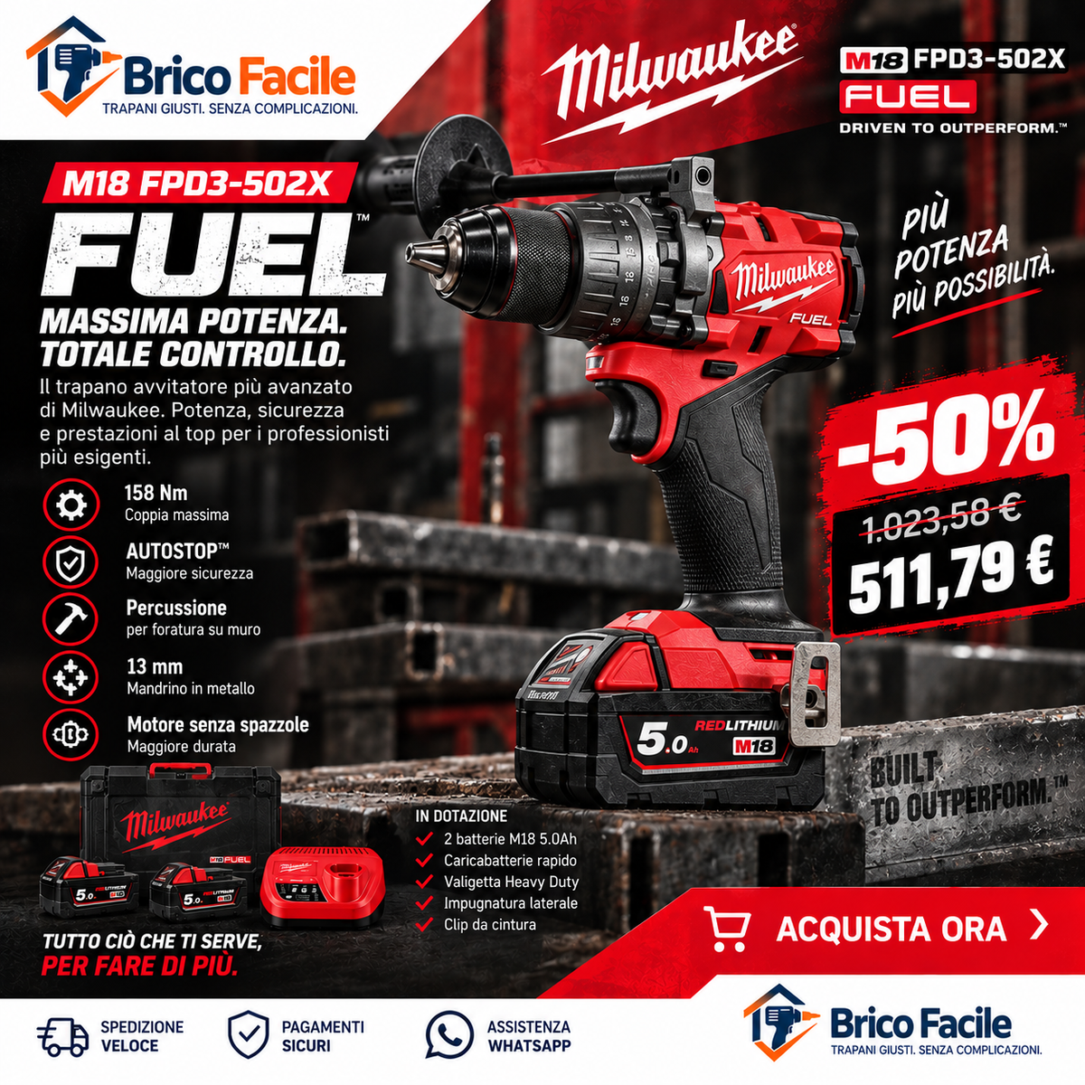 Milwaukee M18 FPD3-502X FUEL™ – Trapano a percussione 158 Nm AUTOSTOP™ con 2 batterie 5.0Ah