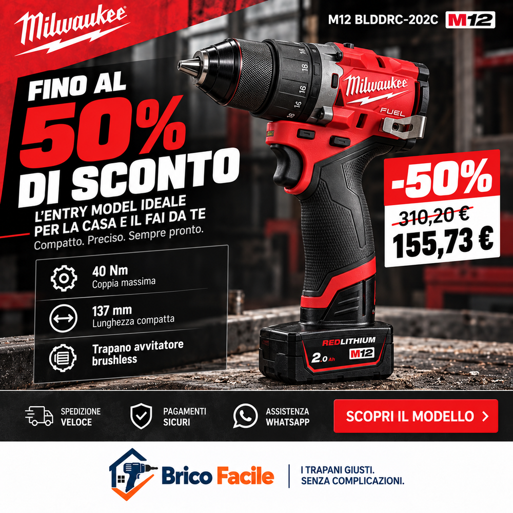 Milwaukee M12 BLDDRC-202C – Trapano avvitatore brushless con 2 batterie 2.0Ah