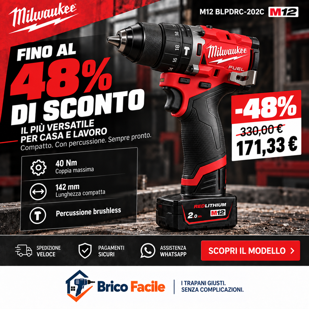Milwaukee M12 BLPDRC-202C – Trapano a percussione brushless con 2 batterie 2.0Ah
