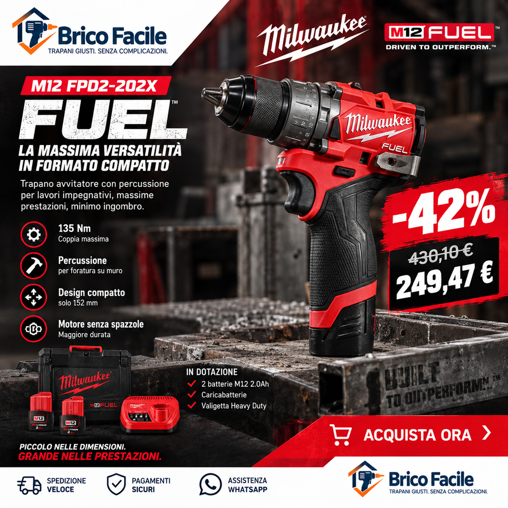 Milwaukee M12 FPD2-202X FUEL™ – Trapano a percussione con 2 batterie 2.0Ah