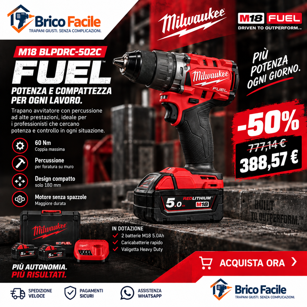 Milwaukee M18 BLPDRC-502C – Trapano a percussione brushless 60 Nm con 2 batterie 5.0Ah